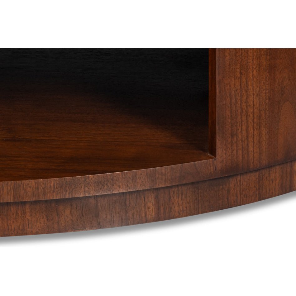 Detailed view of coffee table's lower storage area.