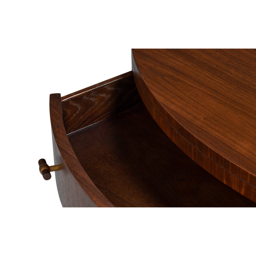 Close-up of open side drawer on coffee table.