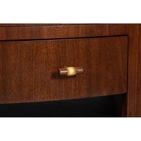 Detailed view of coffee table drawer handle, wood and brass.