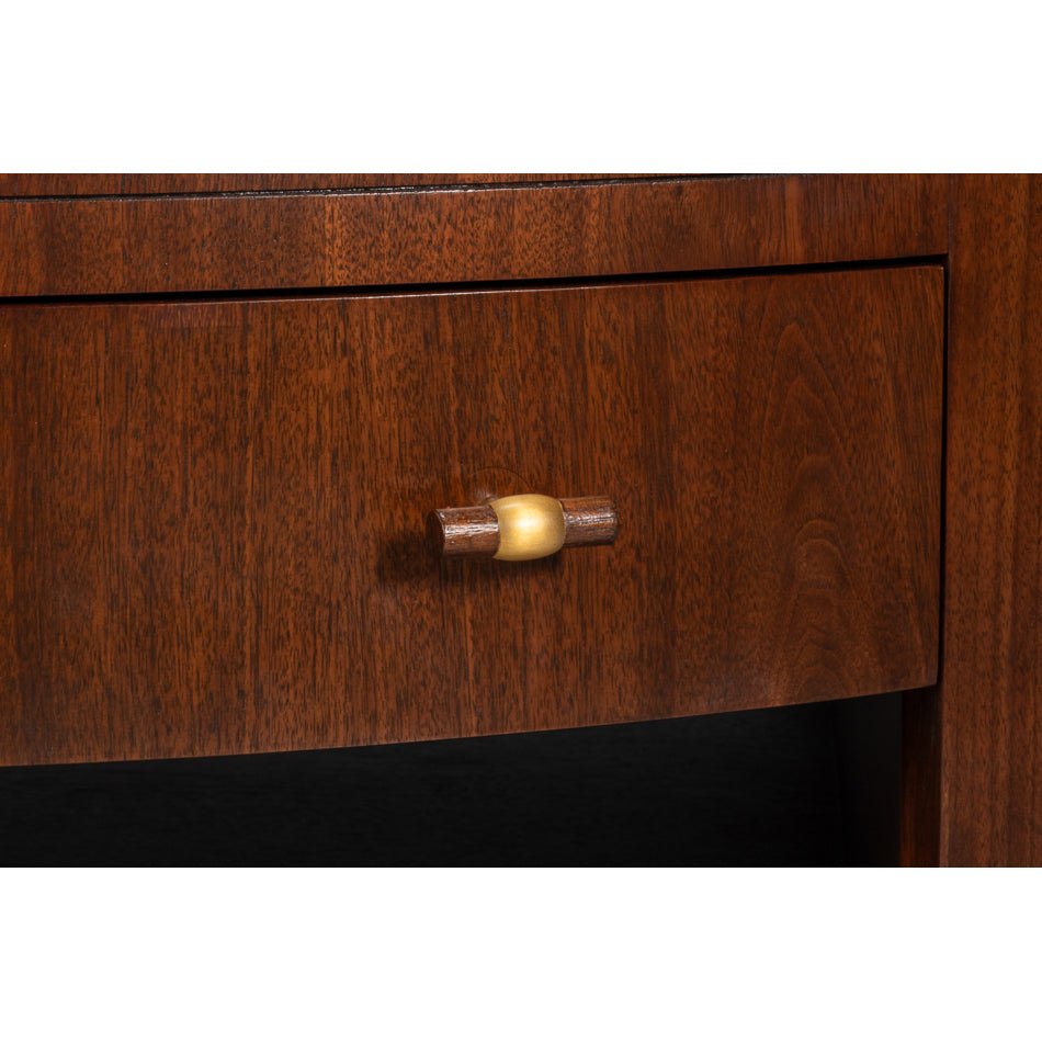 Detailed view of coffee table drawer handle, wood and brass.