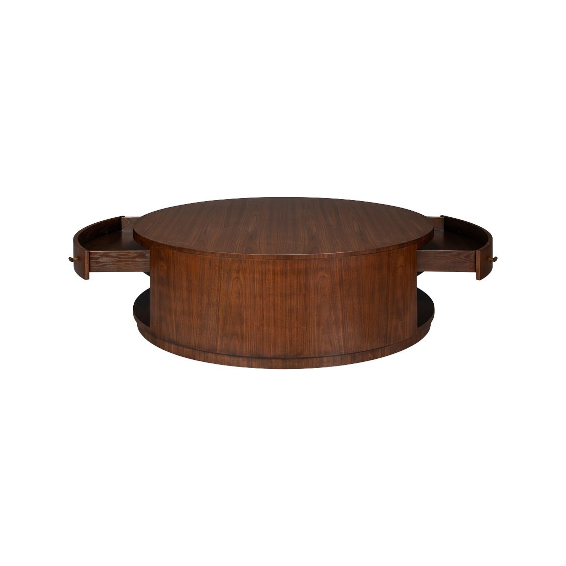 Side view of coffee table with open side drawers.