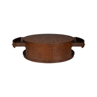 Side view of coffee table with open side drawers.