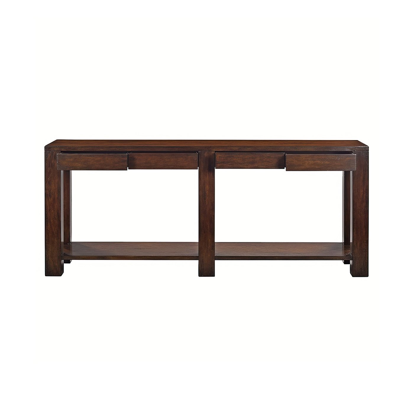 Sleek wood console table front view.