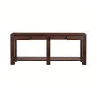 Sleek wood console table front view.