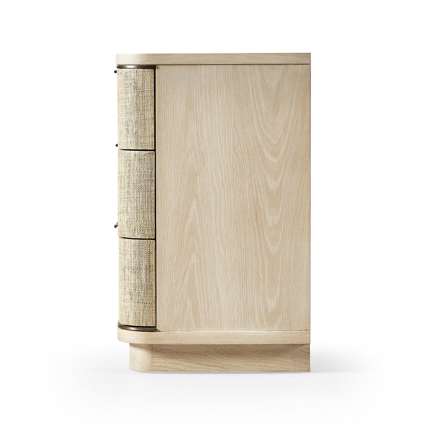 Side view of large modern woven nightstand.