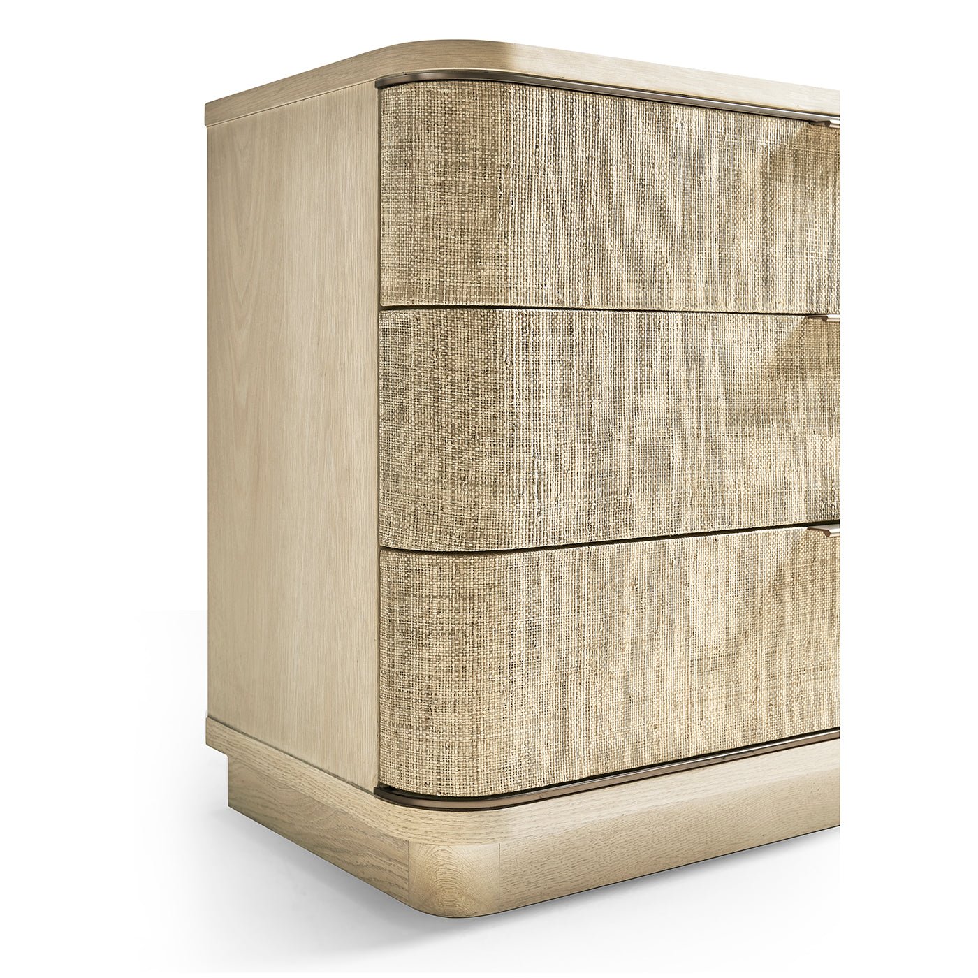 Angled side perspective of woven nightstand.
