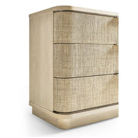 Angled side perspective of woven nightstand.