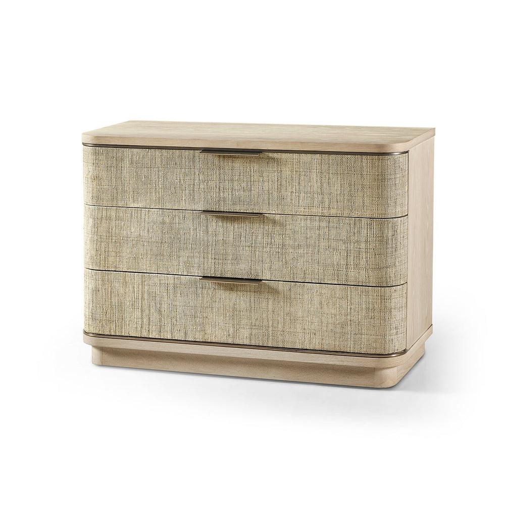 Large modern woven nightstand with closed drawers.