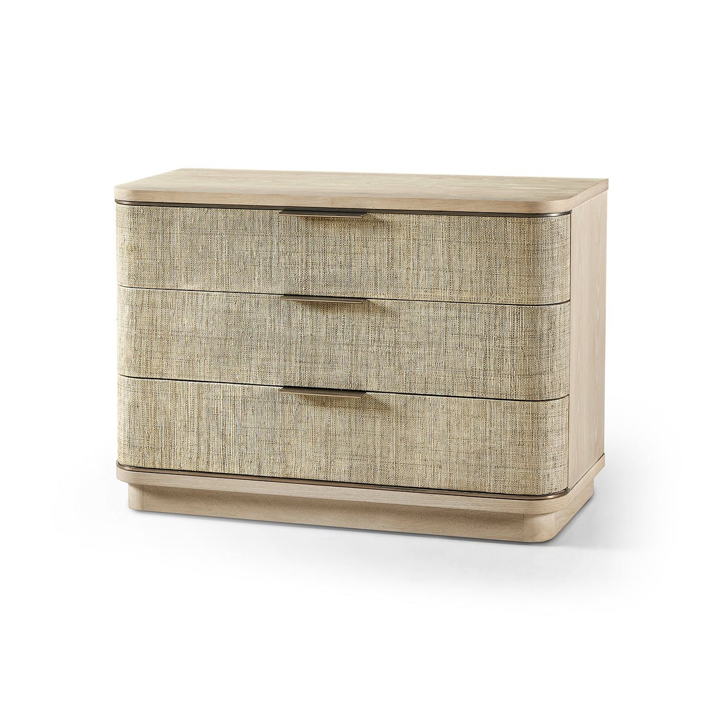Large modern woven nightstand with closed drawers.