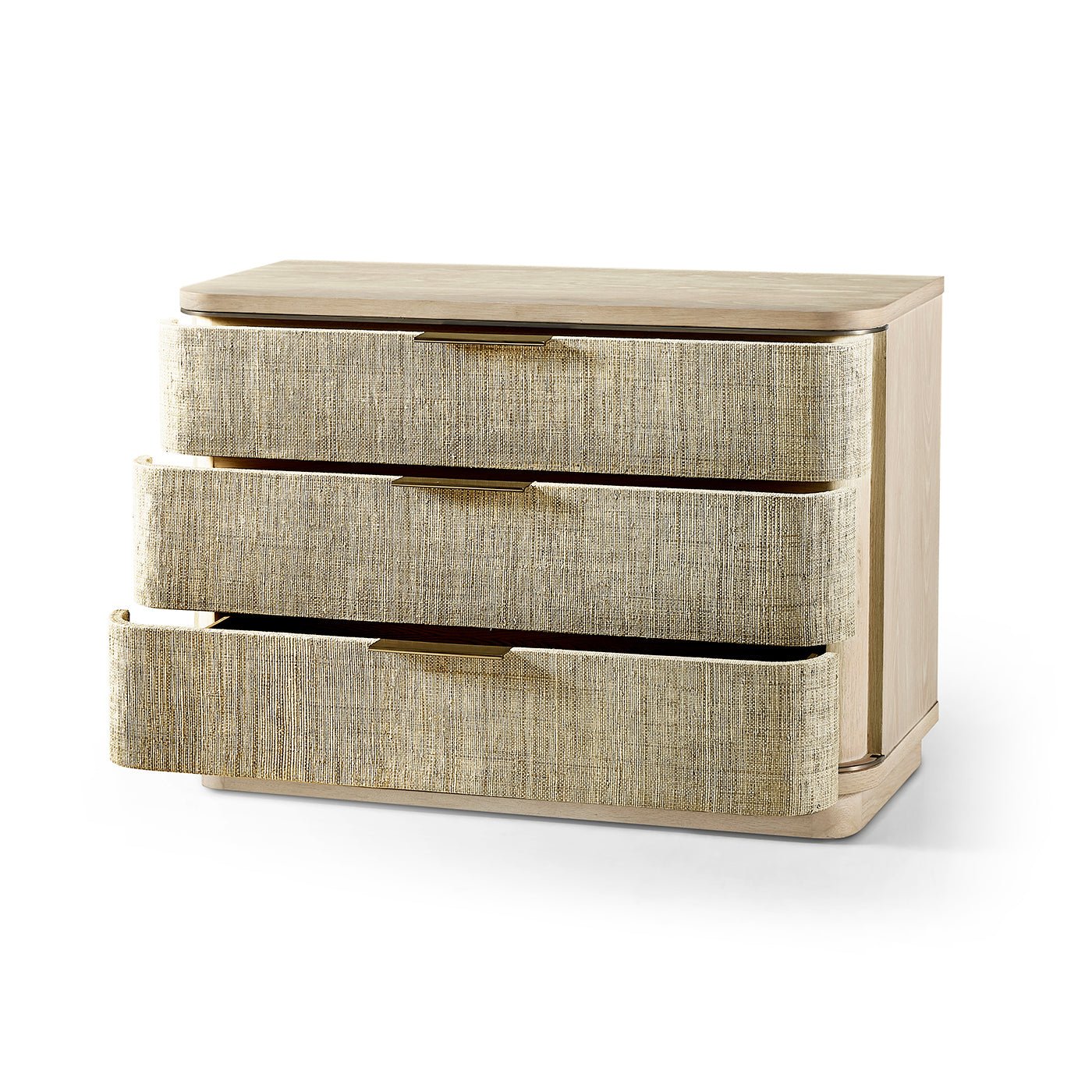 Large modern woven nightstand with open drawers.