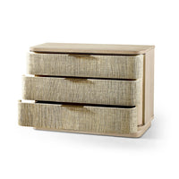 Large modern woven nightstand with open drawers.