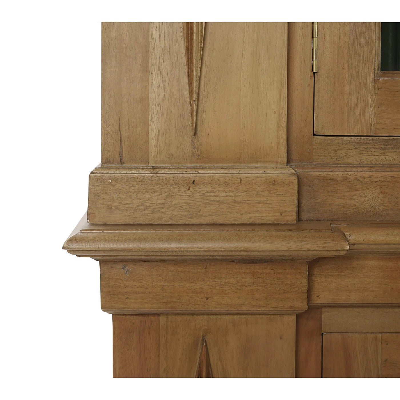 Close-up of bookcase corner details, wood craftsmanship.