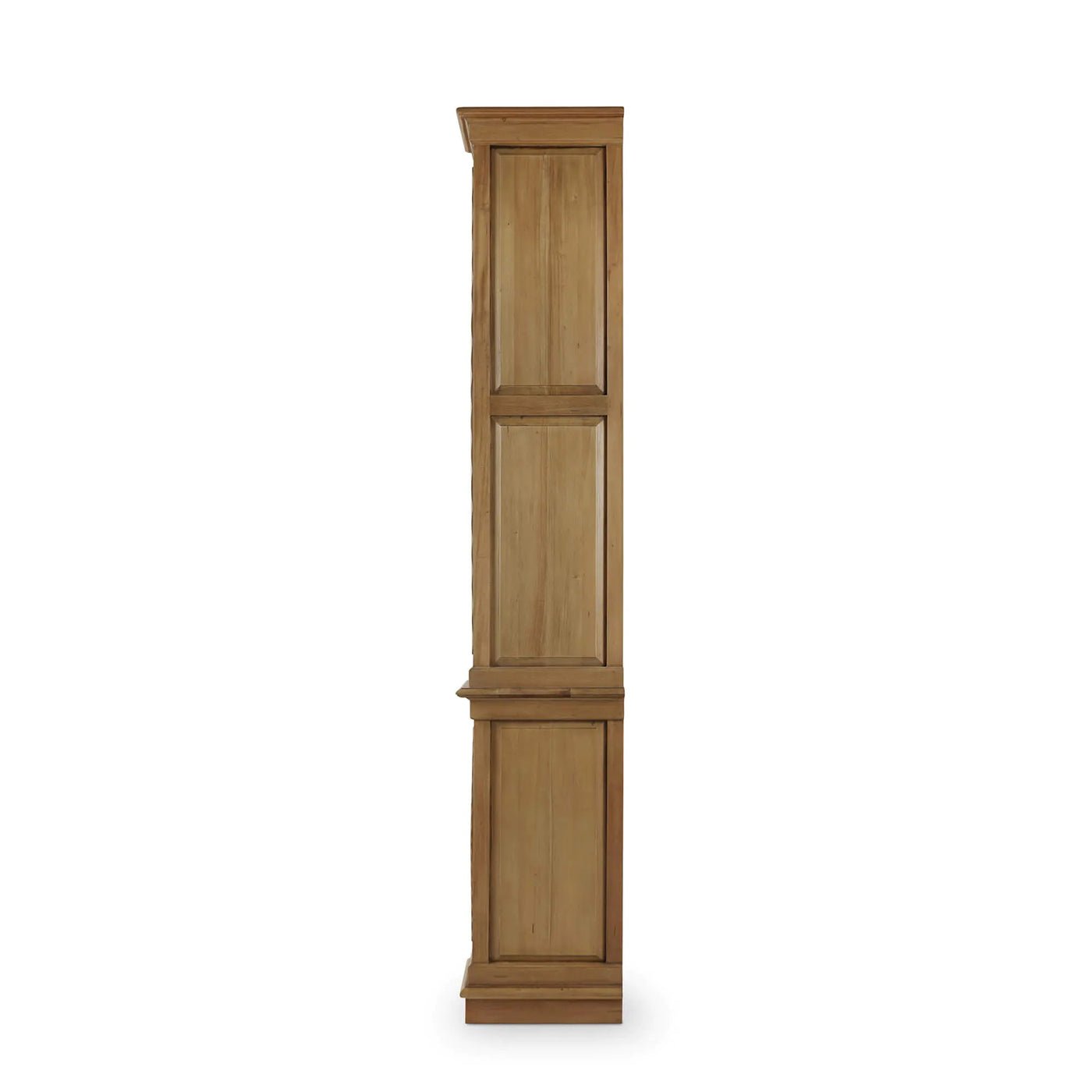 Side profile of large wooden bookcase, showing depth.
