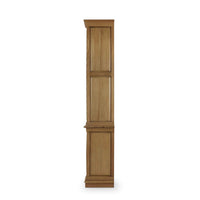 Side profile of large wooden bookcase, showing depth.