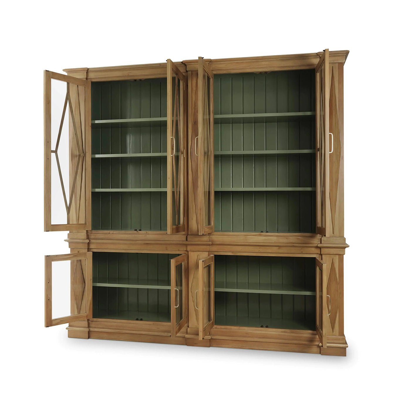 Open bookcase showing green interior shelves and storage.
