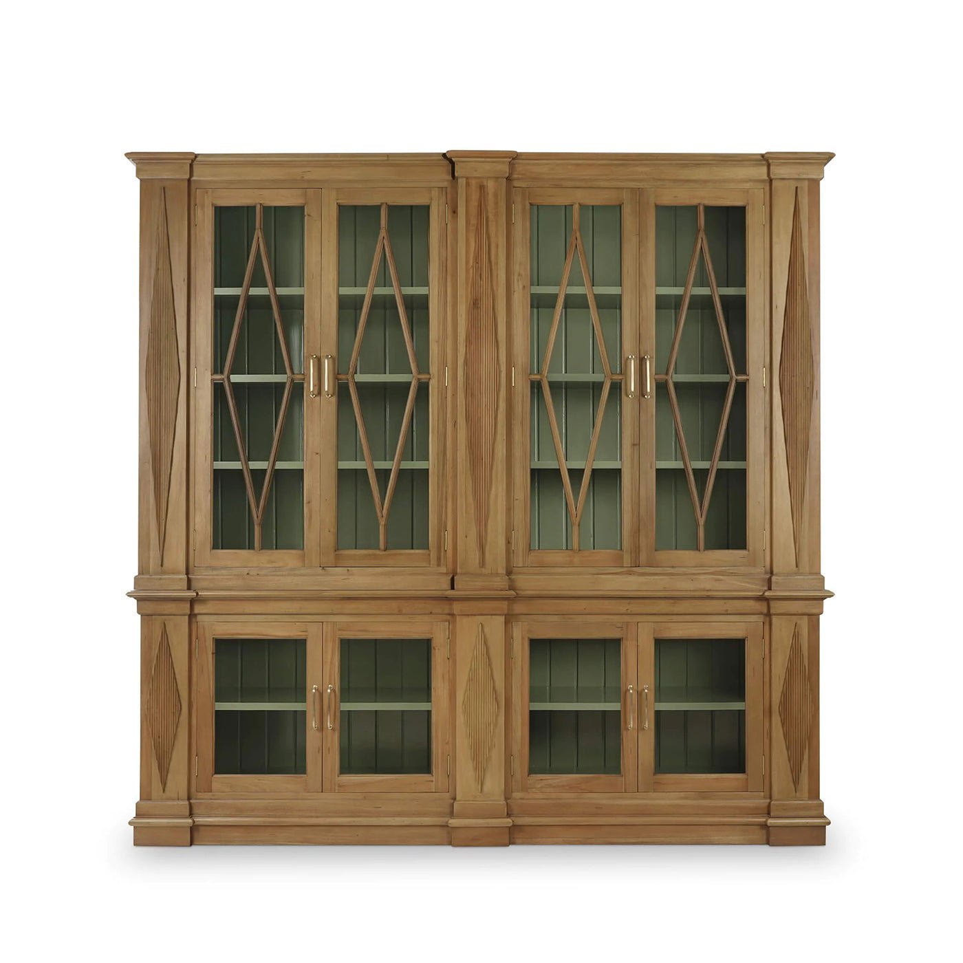 Large wooden bookcase with glass doors, front view.