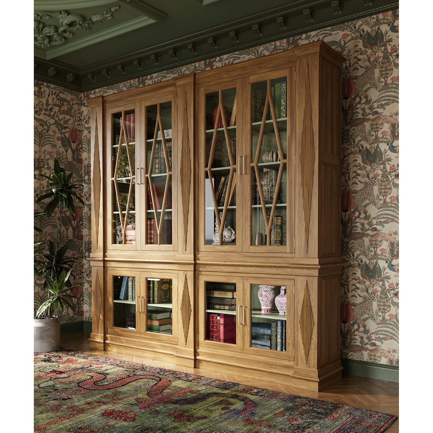 Styled bookcase with books and decor, vintage wallpaper.