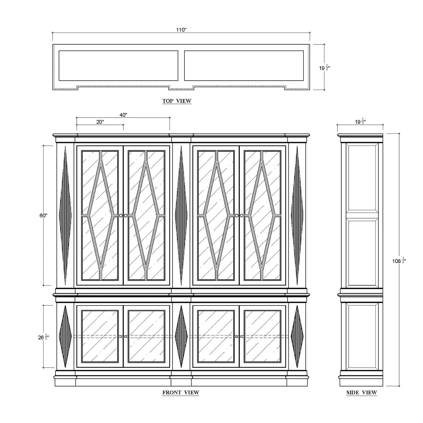 Bookcase schematic design with measurements, front and side view.