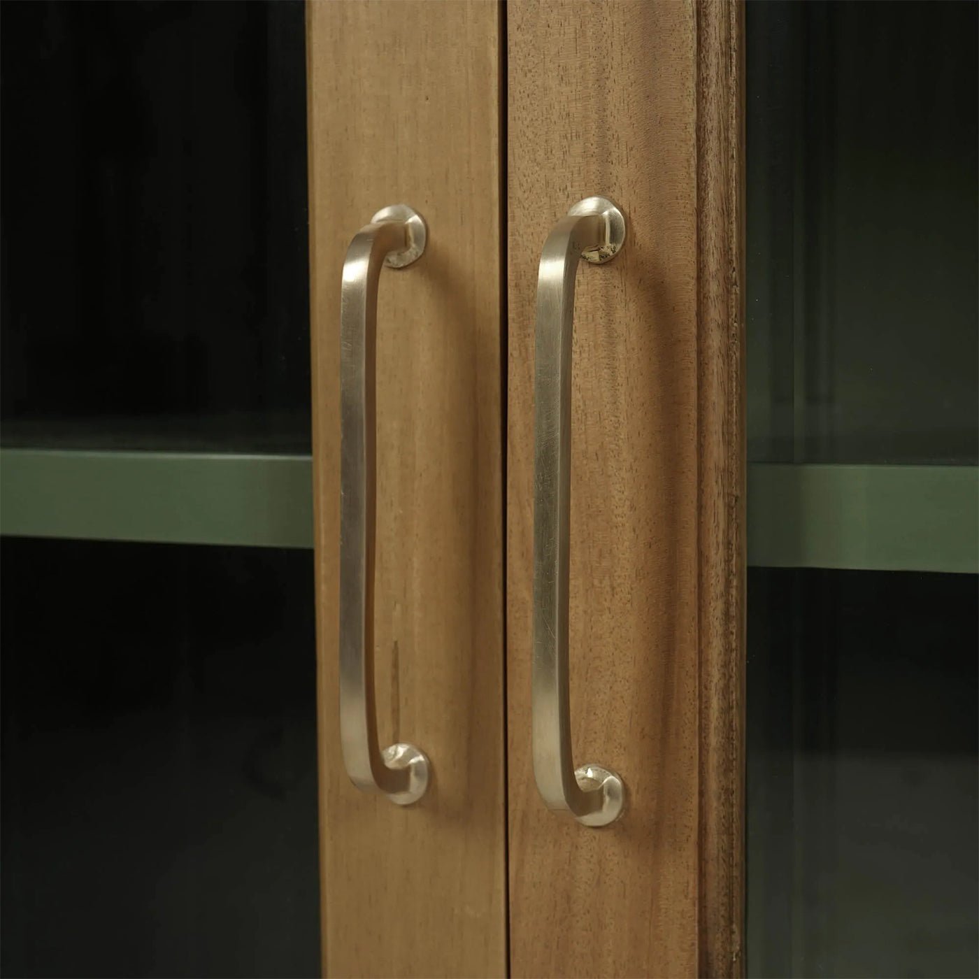 Close-up of bookcase metal handles on glass doors.