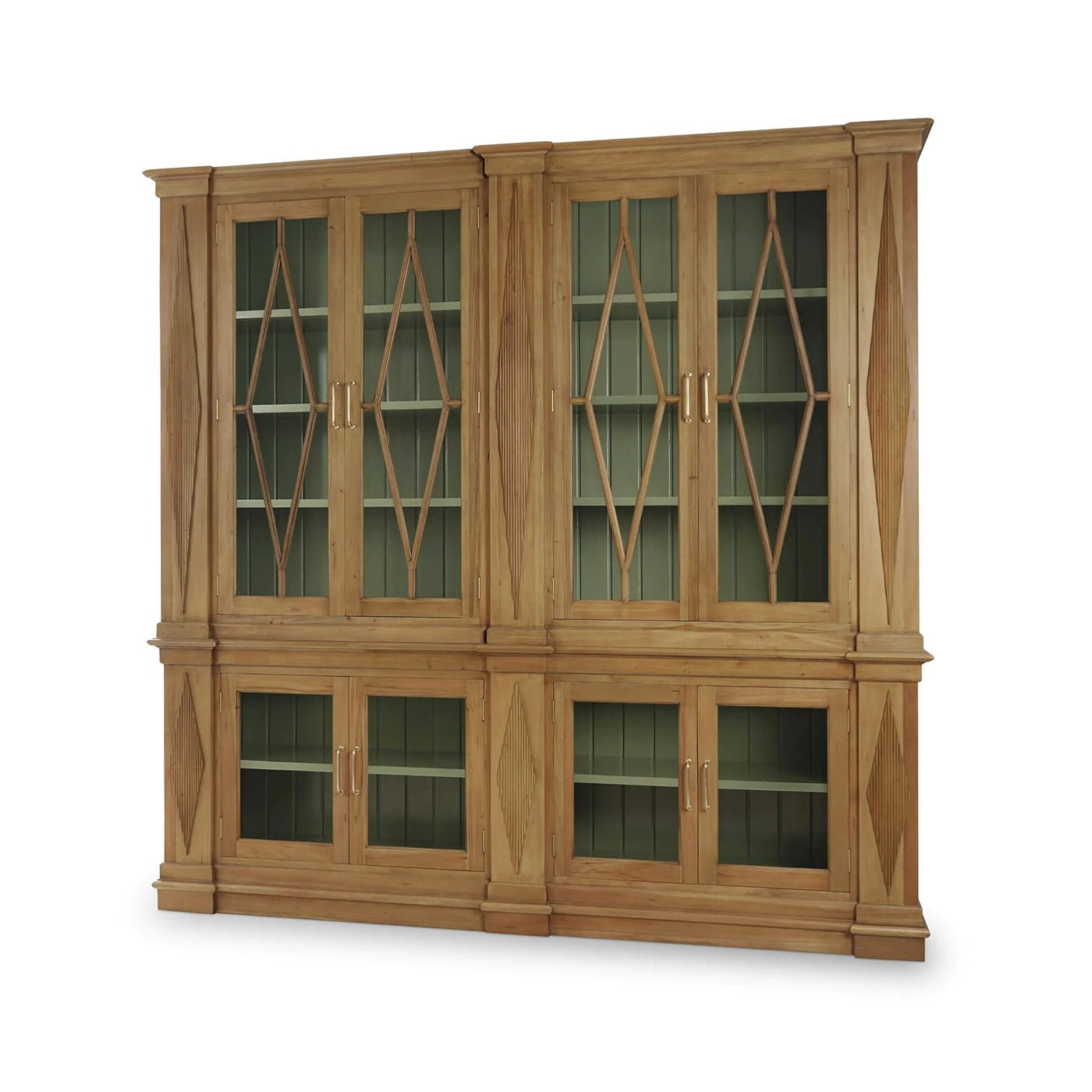 Wooden bookcase, angled front view with closed doors.