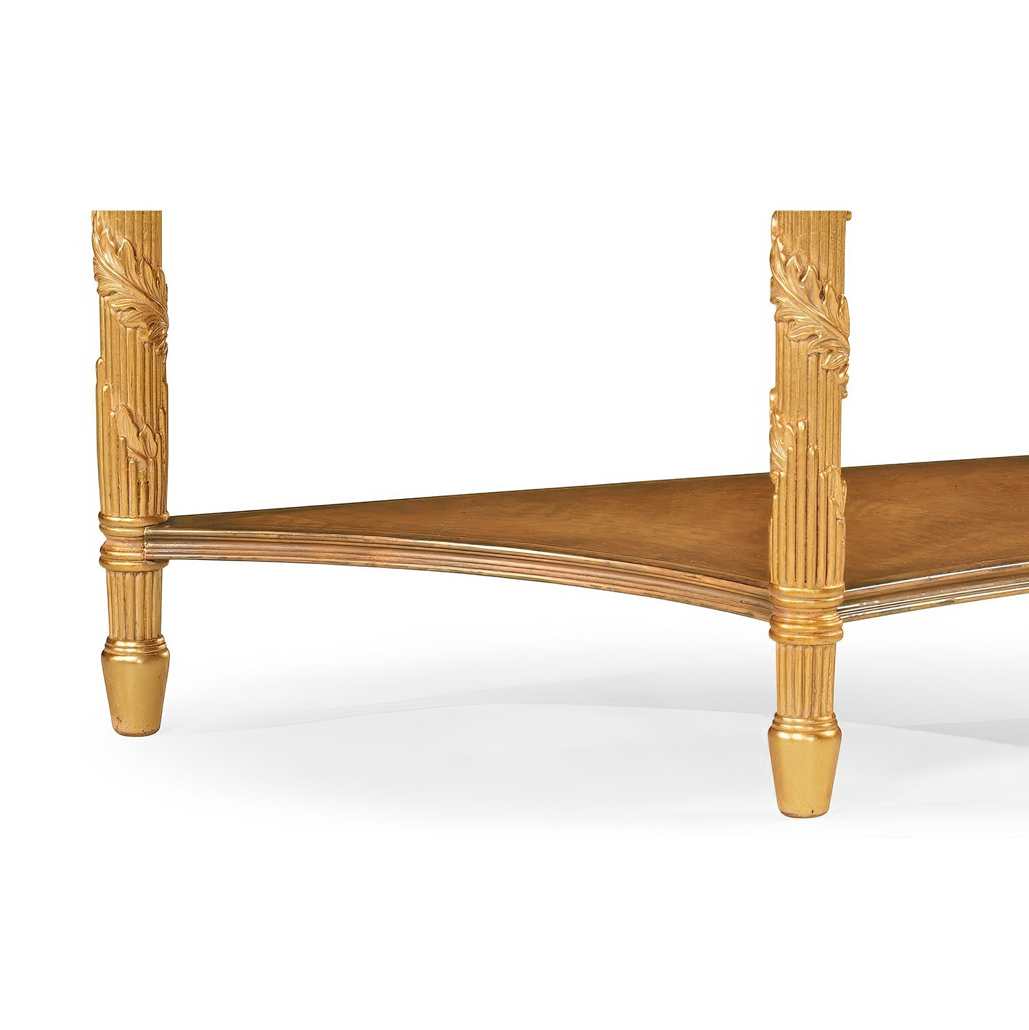 Close-up leg design neoclassical giltwood demi-lune console table.