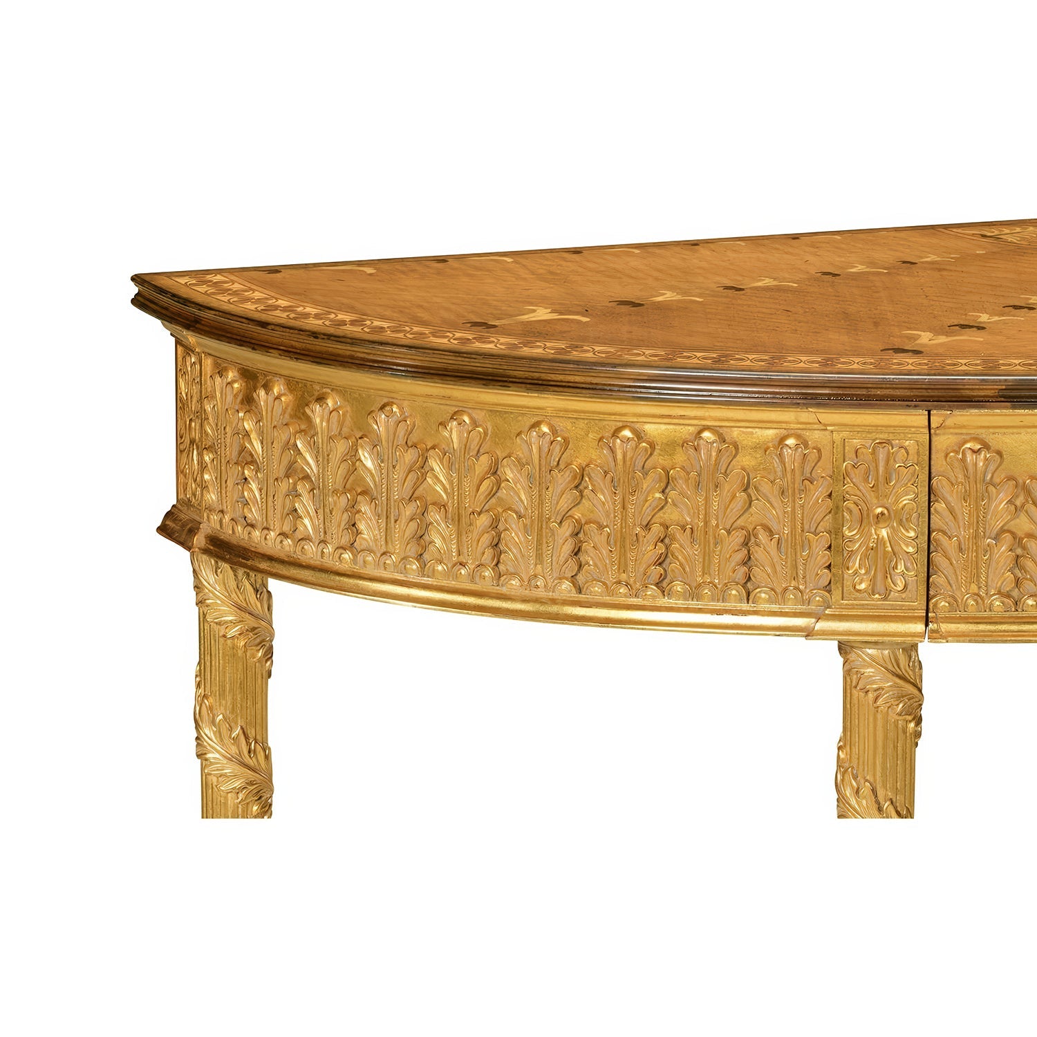 Close-up carved details on neoclassical console table edge.