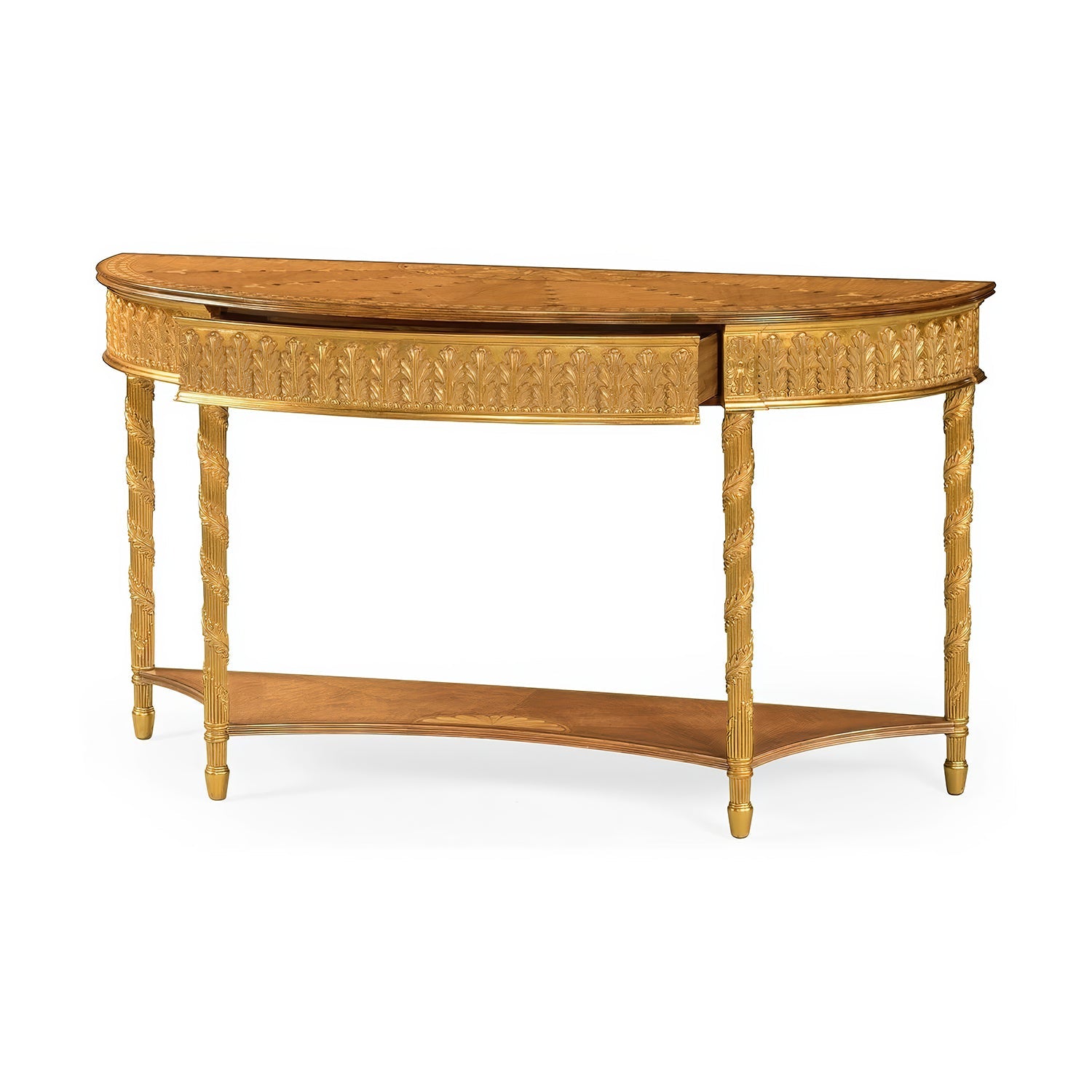 Angled view neoclassical giltwood demi-lune console table.