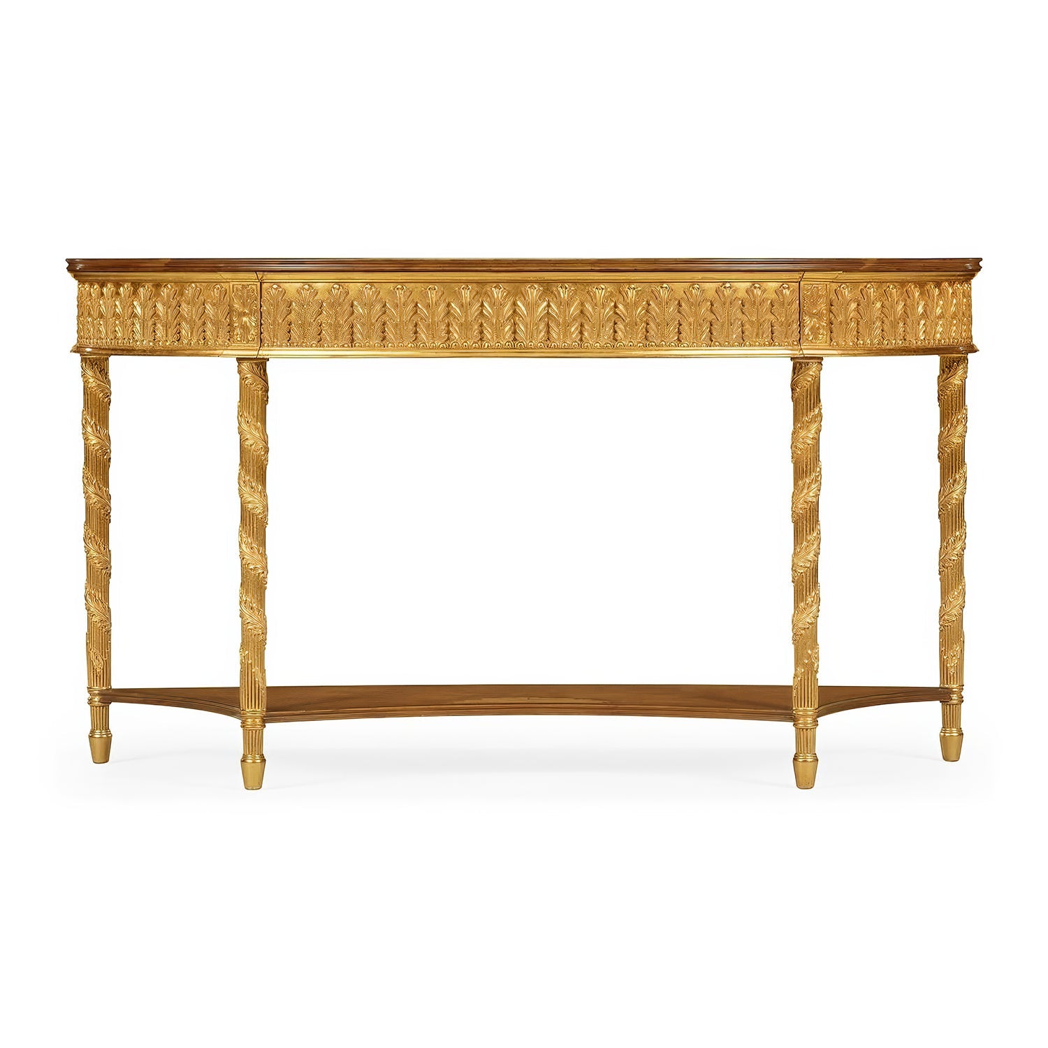 Front view large neoclassical giltwood demi-lune console table.