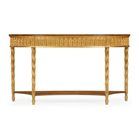 Front view large neoclassical giltwood demi-lune console table.