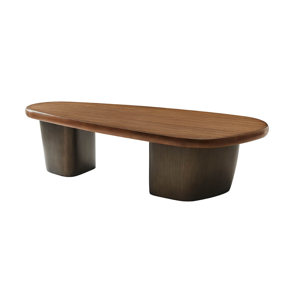 Angled view of large cocktail table, wooden top detail.