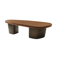Angled view of large cocktail table, wooden top detail.