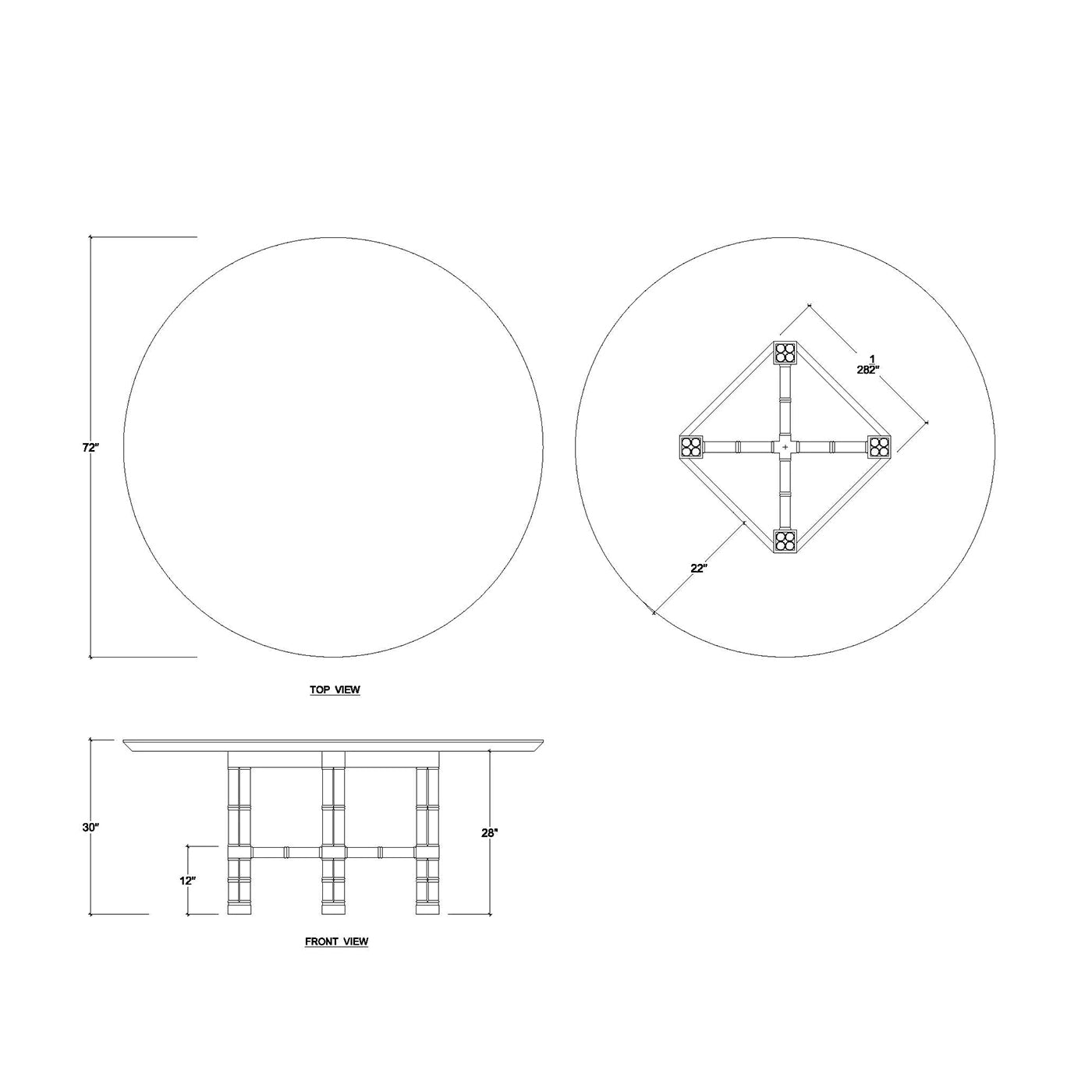 Round dining table dimensions, top and side views.