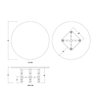 Round dining table dimensions, top and side views.
