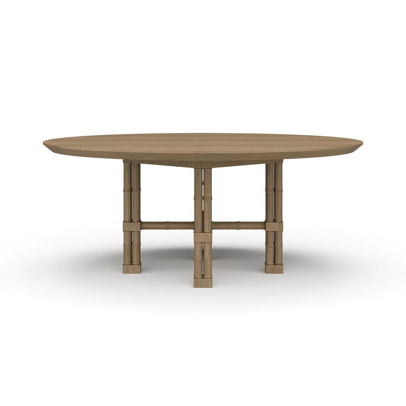 Round dining table, bamboo-style base, angled view.