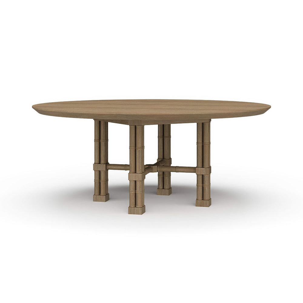 Round dining table, bamboo-style base, front view.