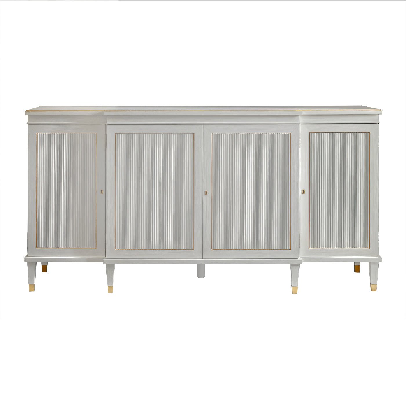 White Regency credenza, front view, closed cabinet doors.
