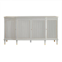 White Regency credenza, front view, closed cabinet doors.