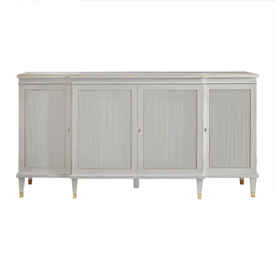White Regency credenza, front view, closed cabinet doors.