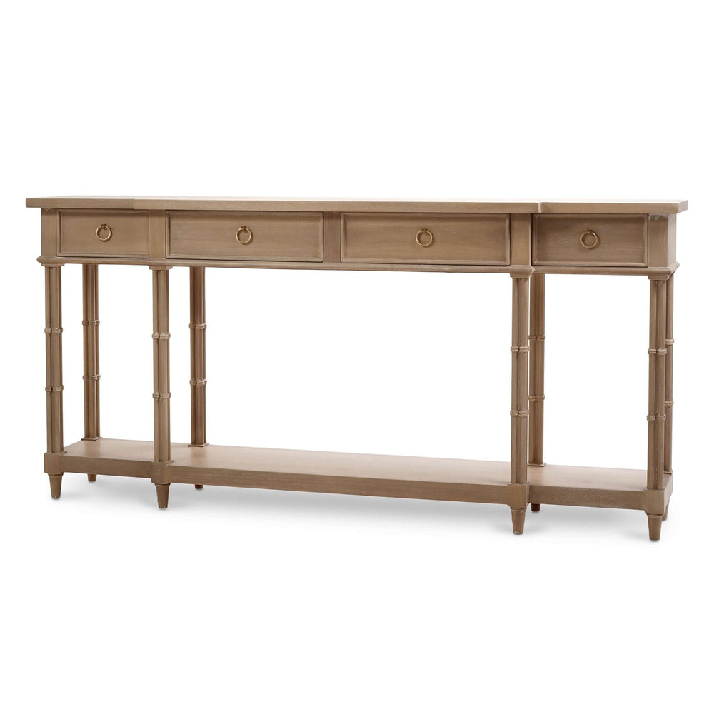 Regency style console table, angled view with drawers.