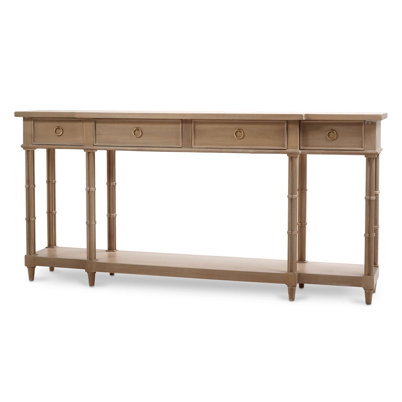 Regency style console table, angled view with drawers.