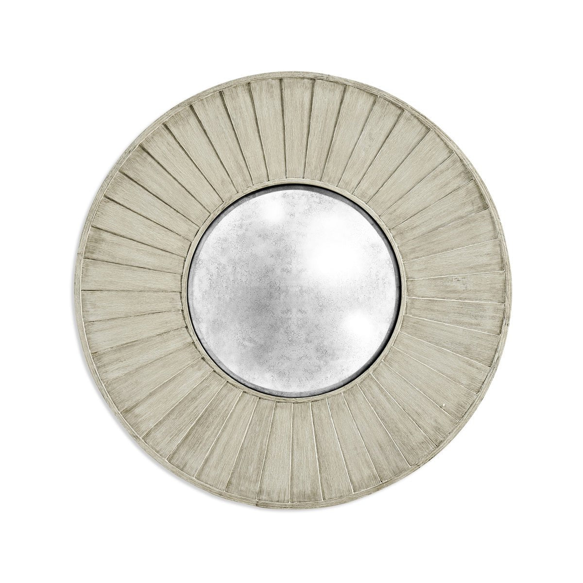 Round mirror with textured frame, full view.