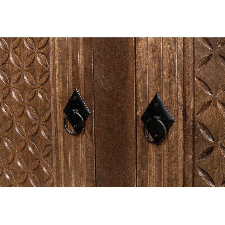 Rustic sideboard buffet close-up of door handles.