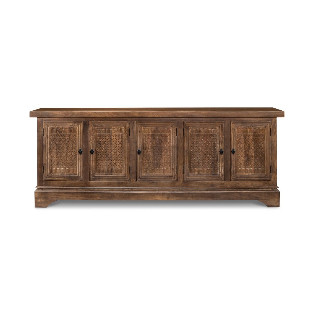 Front view of rustic sideboard buffet with detailed panels.