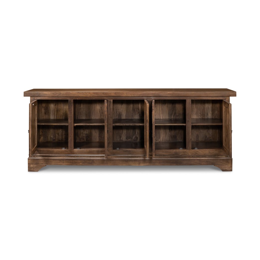 Rustic sideboard buffet with open shelving inside view.