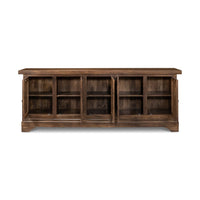 Rustic sideboard buffet with open shelving inside view.
