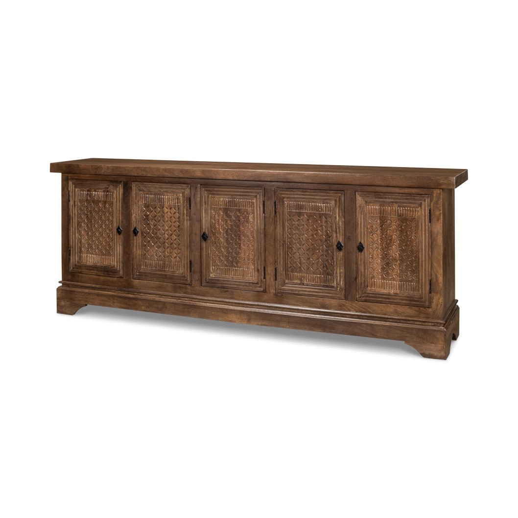 Rustic sideboard buffet front view with closed doors.