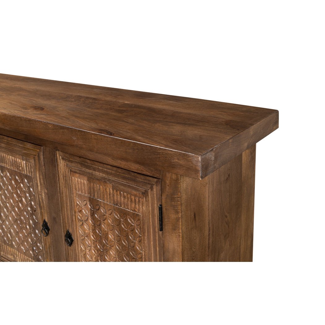 Top and door panel detail on rustic sideboard buffet.