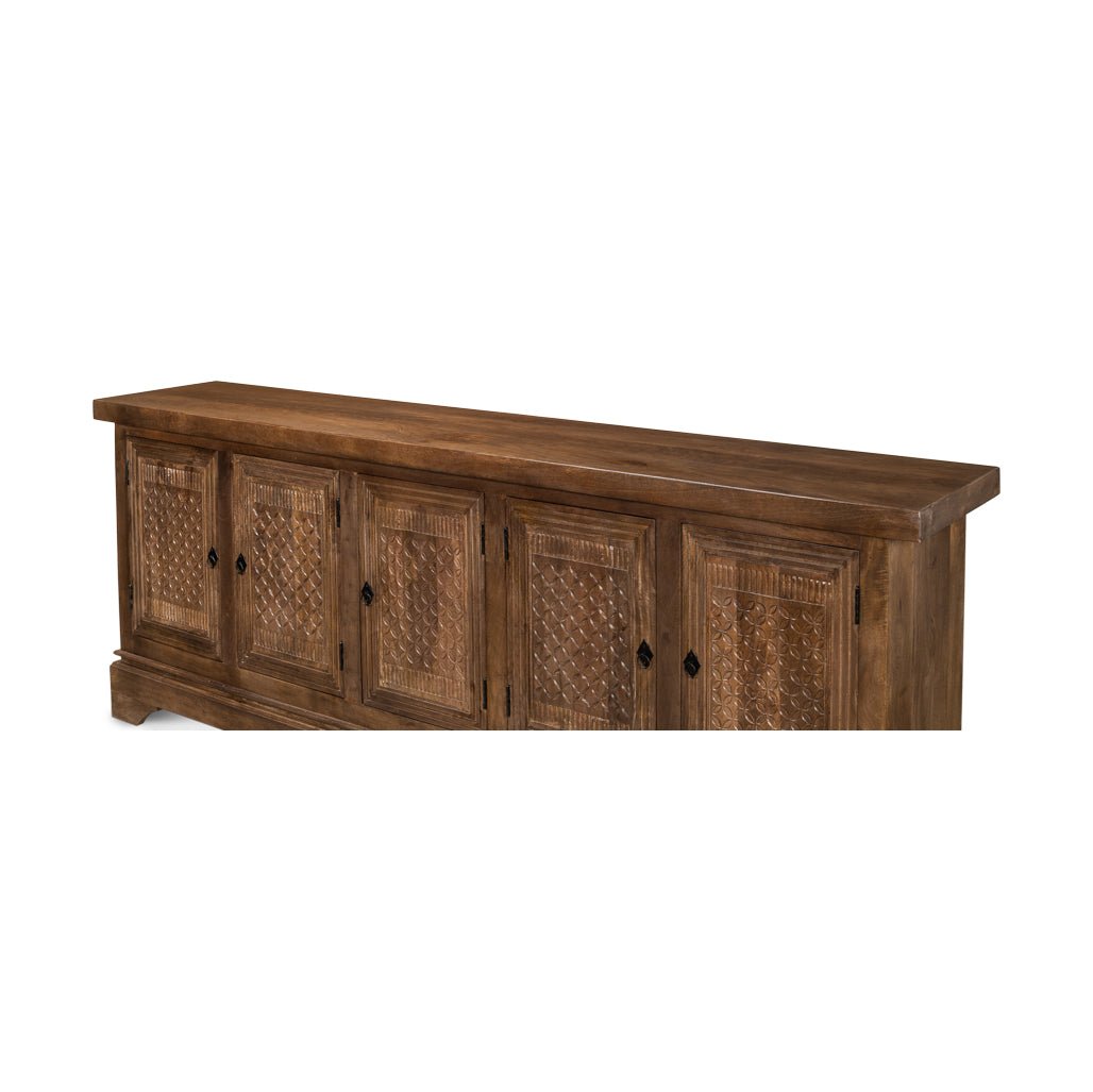 Angled view of rustic sideboard buffet from the side.