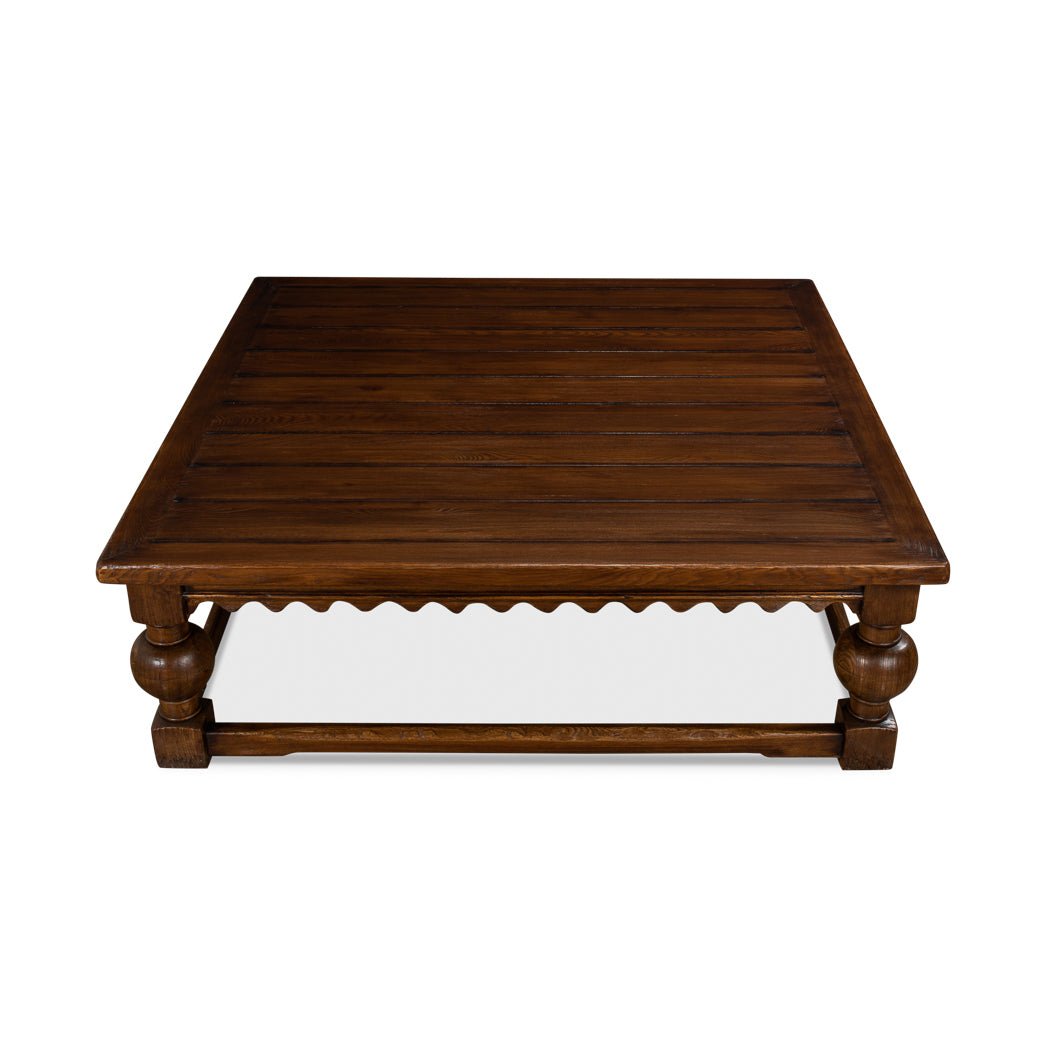 Top view of rustic square coffee table, wooden slats.