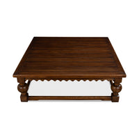 Top view of rustic square coffee table, wooden slats.